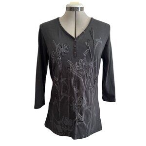 GreenSource Black Floral Embroidered Beaded V-Neck Top 3/4 Sleeve Size Large